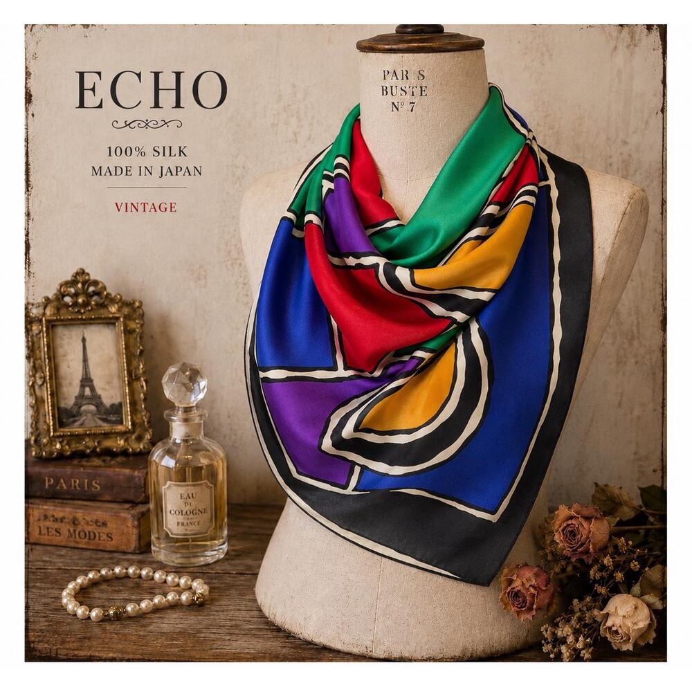 Vintage Echo Silk Chiffon Scarf Geometric Circles Primary Colors Bold  33x34